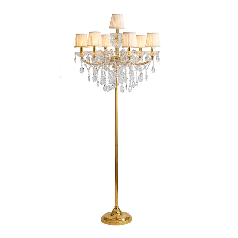 Stof geplooide lampenkap vloerlicht traditionele 7 koppen woonkamer staande lamp in goud met kristal accent