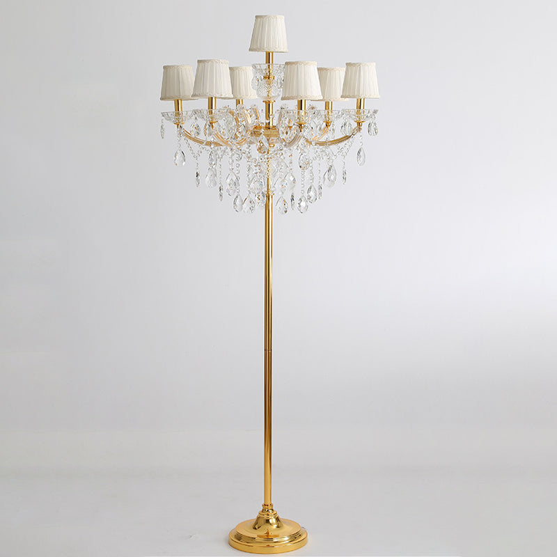 Stof geplooide lampenkap vloerlicht traditionele 7 koppen woonkamer staande lamp in goud met kristal accent