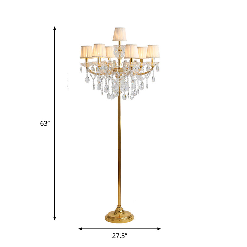 Stof geplooide lampenkap vloerlicht traditionele 7 koppen woonkamer staande lamp in goud met kristal accent