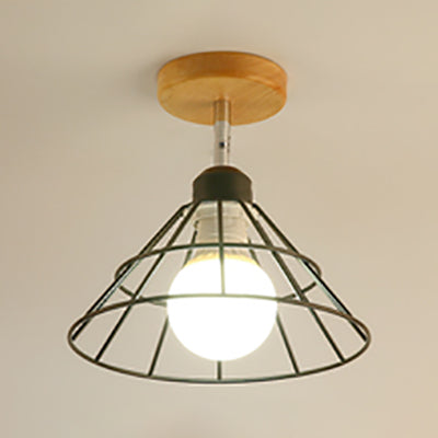 1 Light Cone/Sputnik Design Semi Flush Mount Light Industrial Stylish Black Metal Ceiling Light Fixture with Open Cage