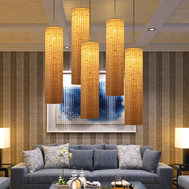 Minimalist Column Hanging Light Bamboo Rattan 1 Head Living Room Ceiling Pendant in Beige