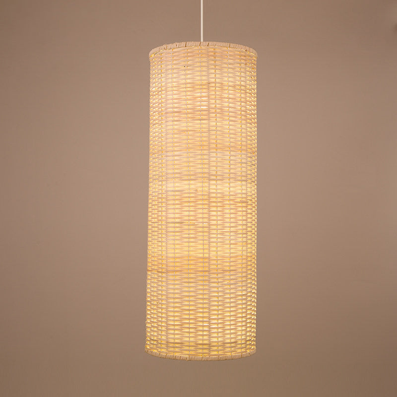 Minimalist Column Hanging Light Bamboo Rattan 1 Head Living Room Ceiling Pendant in Beige