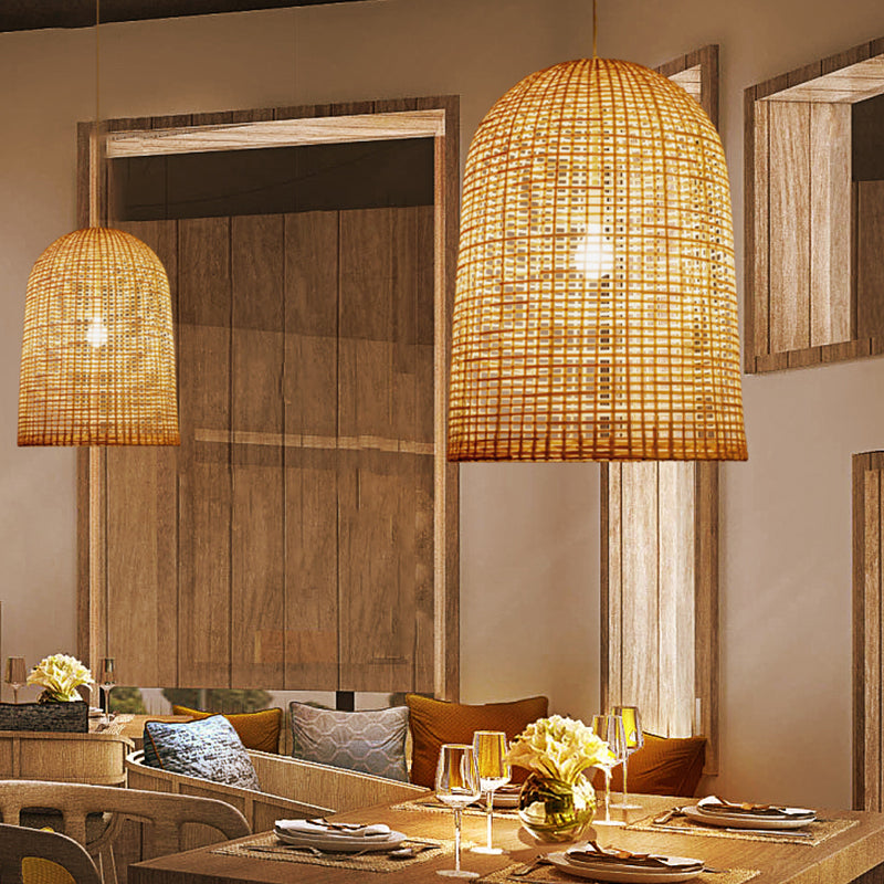 1-Light Restaurant Ceiling Pendant Chinese Beige Pendant Lighting with Elongated Grid Bamboo Shade