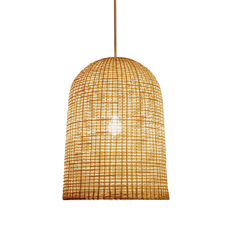 1-Light Restaurant Ceiling Pendant Chinese Beige Pendant Lighting with Elongated Grid Bamboo Shade