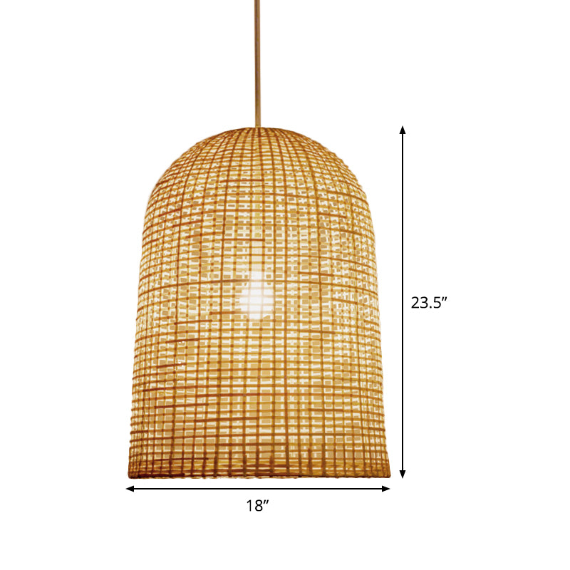 1-Light Restaurant Ceiling Pendant Chinese Beige Pendant Lighting with Elongated Grid Bamboo Shade