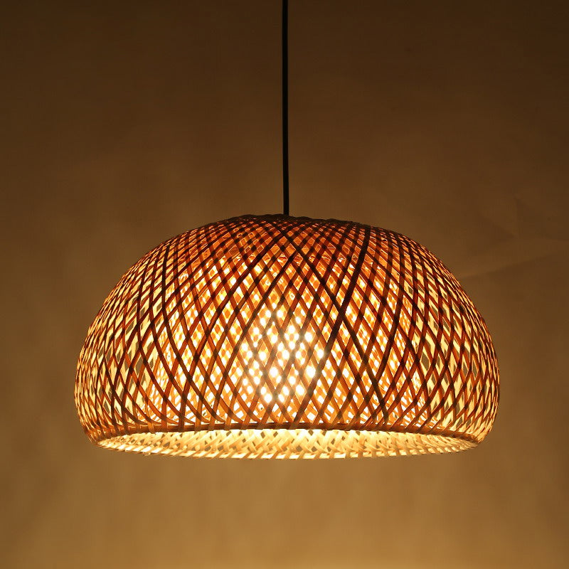 Double Dome Shade Bamboo Hanging Light Asia 12 "/ 15" de large 1 tête de tête de tête beige pour salon