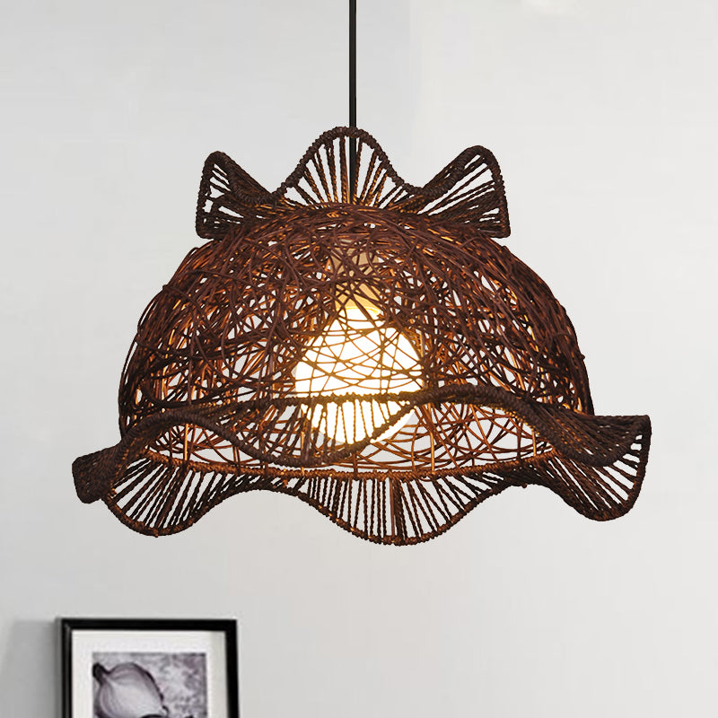 Coffee Ruffle-Edge Bowl Pendant Modernist Single Bamboo Ceiling Suspension Lamp for Dining Room