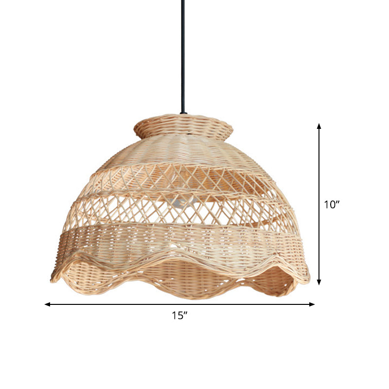 Bamboo Bowl Hollowed Out Hanging Light Asia 1 Bulb Beige Pendant Lighting with Scalloped Trim