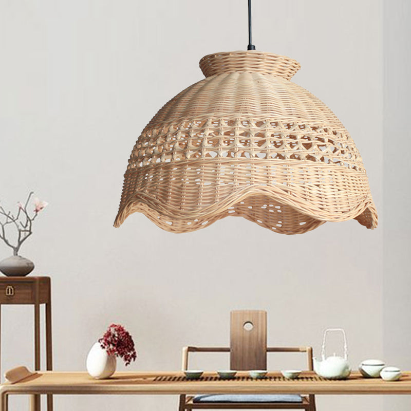 Domed Ceiling Pendant Modern Bamboo 1 Bulb Dining Table Suspended Lighting Fixture with Scalloped Edge