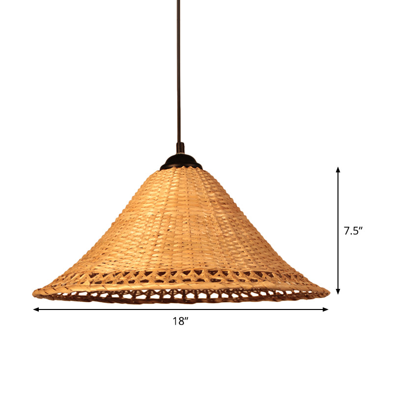 Asia Cone Hat Hanging Light Bamboo 1-Light Dining Room Ceiling Pendant Lamp in Brown