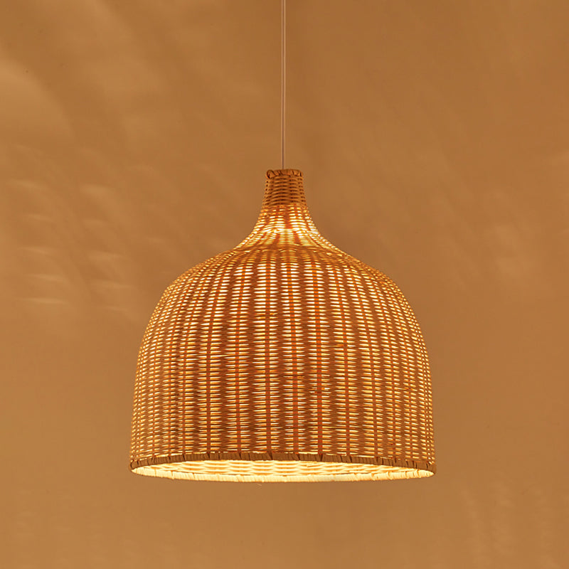 Beige Bowl Ceiling Pendant Lamp Asian 1 Light 11"/18" Wide Bamboo Hanging Light Fixture