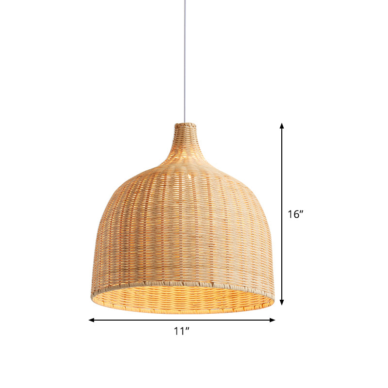 Beige Bowl Ceiling Pendant Lamp Asian 1 Light 11"/18" Wide Bamboo Hanging Light Fixture