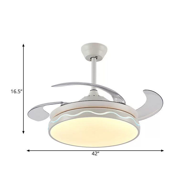 Lámpara de ventilador de colgantes redondos blancos LED de sala de estar acrílico de estilo acrílico 4 cuchillas Montaje semi rascastre