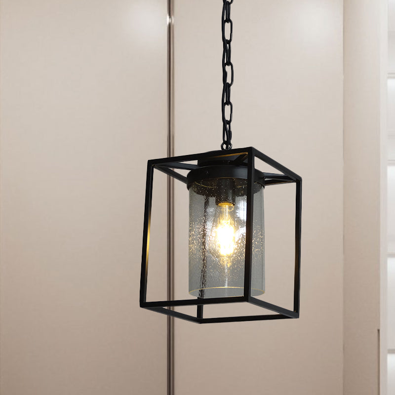 Antique Cylinder Hanging Pendant 1 Bulb Clear Seeded Glass Drop Lamp in Black with Rectangle Cage