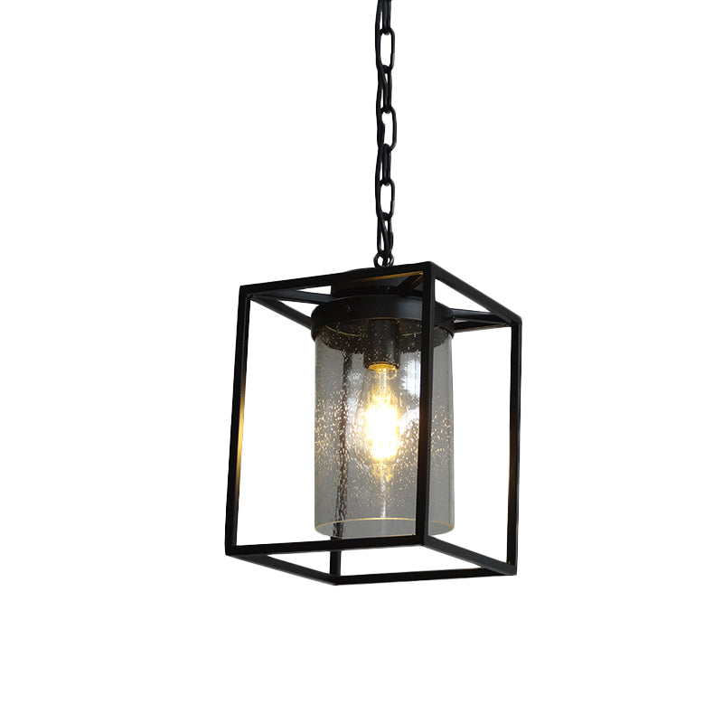 Antique Cylinder Hanging Pendant 1 Bulb Clear Seeded Glass Drop Lamp in Black with Rectangle Cage