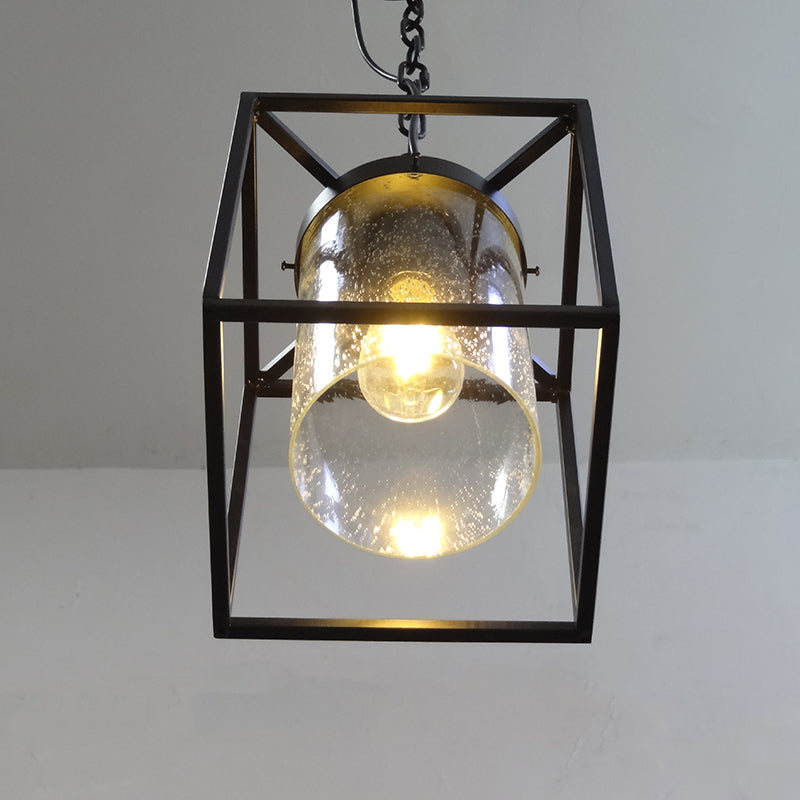 Antique Cylinder Hanging Pendant 1 Bulb Clear Seeded Glass Drop Lamp in Black with Rectangle Cage