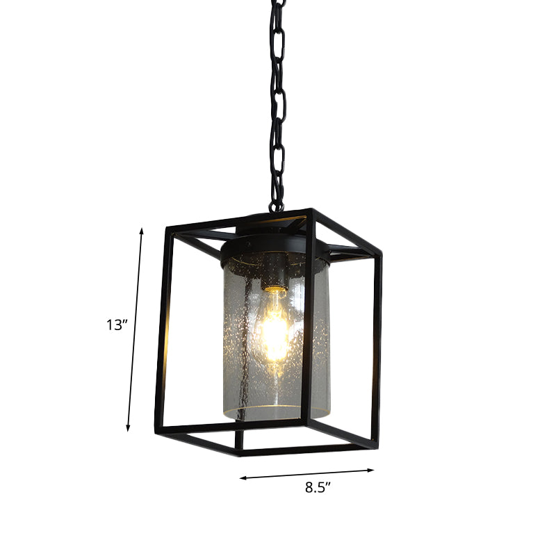 Antique Cylinder Hanging Pendant 1 Bulb Clear Seeded Glass Drop Lamp in Black with Rectangle Cage