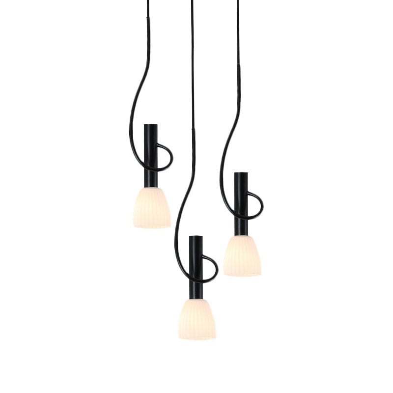 Traditionalism Bud Cluster Pendant 3/6 Heads Opal Glass Hanging Lamp in Black with Round/Linear Canopy