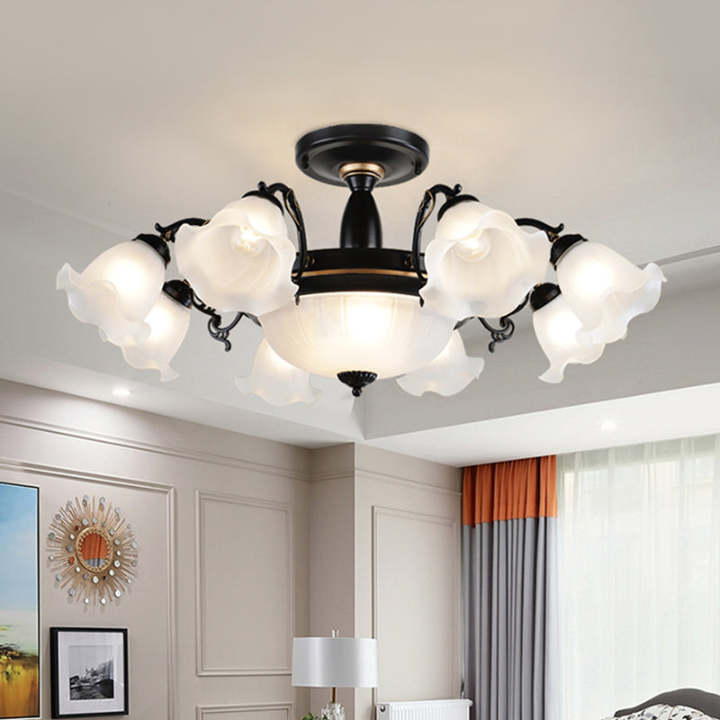 11-Head Opal Glass Semi Flush Lighting Farmhouse White/Black Finish Floral Living Room Ceiling Flush