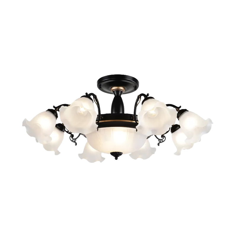 11-Head Opal Glass Semi Flush Lighting Farmhouse White/Black Finish Floral Living Room Ceiling Flush