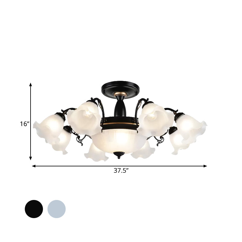 11-Head Opal Glass Semi Flush Lighting Farmhouse White/Black Finish Floral Living Room Ceiling Flush