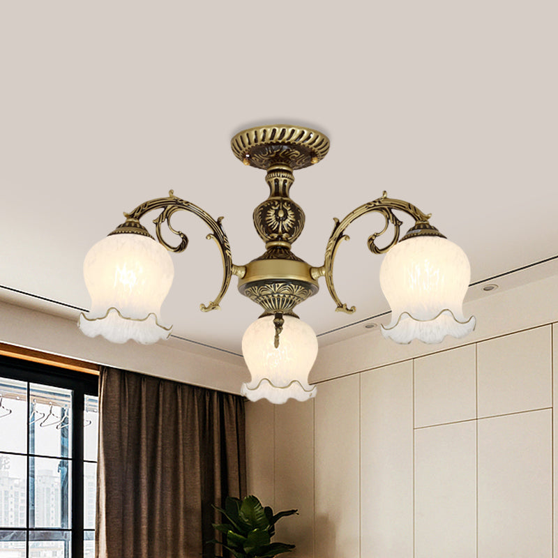 Frosted White Glass Bronze Semi Flush Lamp Flower 3/5/6-Bulb Antiqued Flush Ceiling Lighting