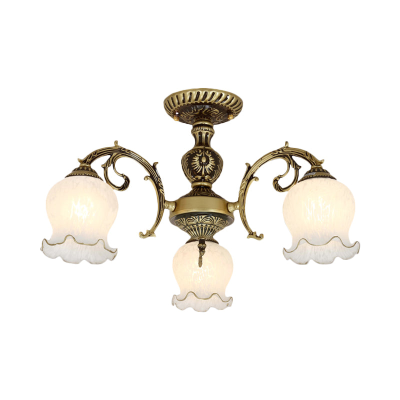 Frosted White Glass Bronze Semi Flush Lamp Flower 3/5/6-Bulb Antiqued Flush Ceiling Lighting