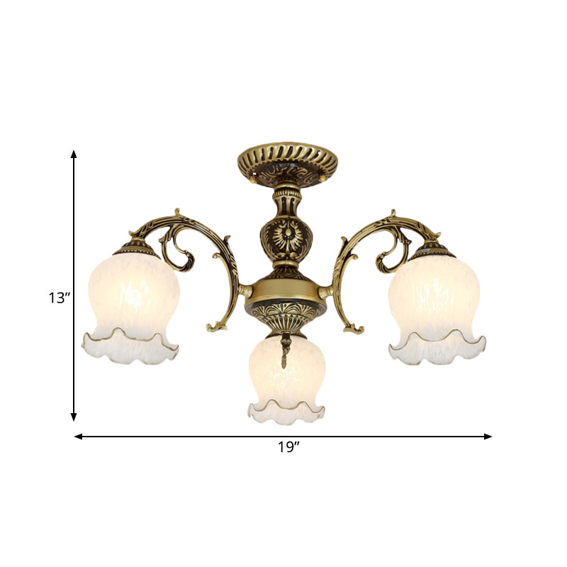 Frosted White Glass Bronze Semi Flush Lamp Flower 3/5/6-Bulb Antiqued Flush Ceiling Lighting