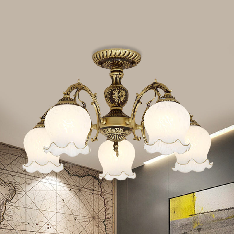 Frosted White Glass Bronze Semi Flush Lamp Flower 3/5/6-Bulb Antiqued Flush Ceiling Lighting