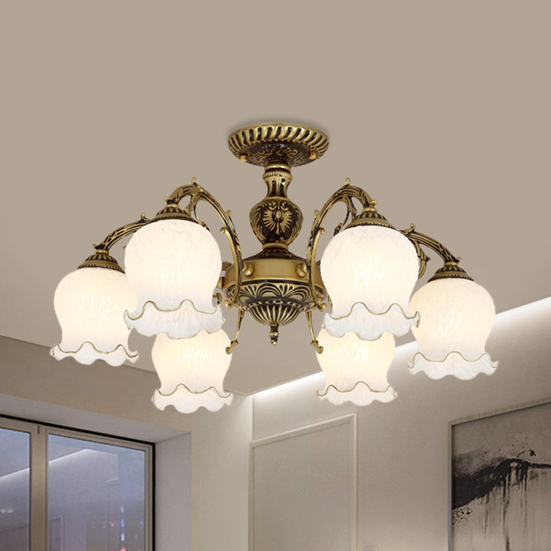 Frosted White Glass Bronze Semi Flush Lamp Flower 3/5/6-Bulb Antiqued Flush Ceiling Lighting