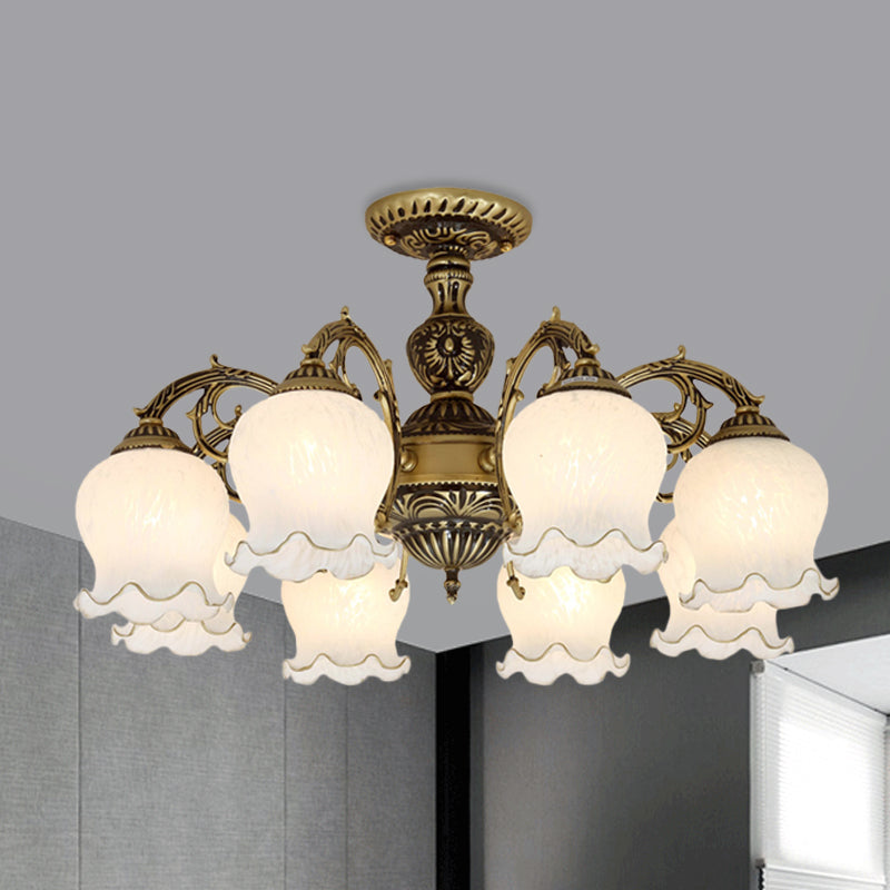 Frosted White Glass Bronze Semi Flush Lamp Flower 3/5/6-Bulb Antiqued Flush Ceiling Lighting