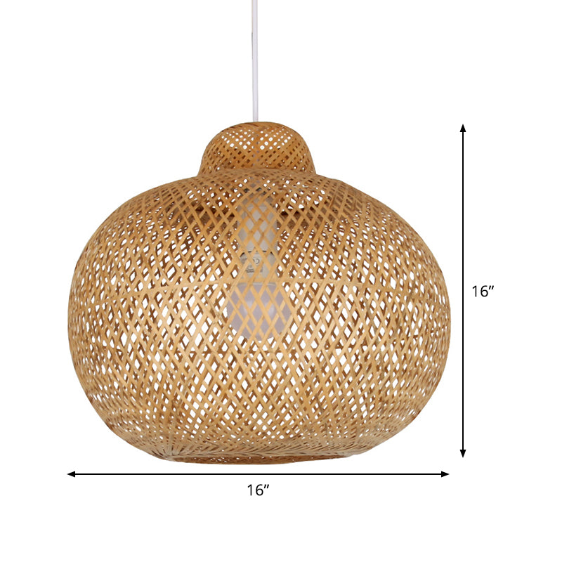 Cross Weaving Lantern Pendant Light Chinese Bamboo Single Khaki Ceiling Suspension Lamp