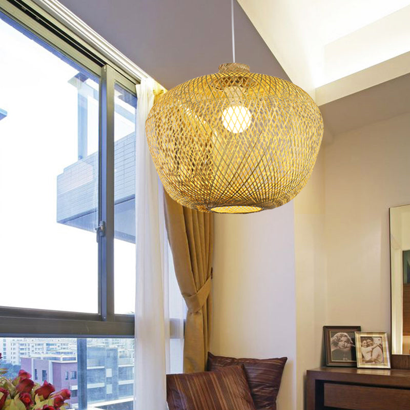 Asia Crock Bamboo Weaving Lampada del soffitto 1 ciondolo appeso alla luce in beige per soggiorno