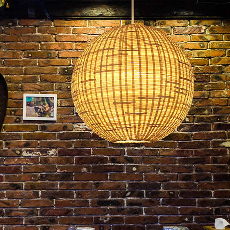 Luce a soffitto a sospensione sferica Bamboo asiatico 1 lampadina Beige Suspension Lighting for Restaurant