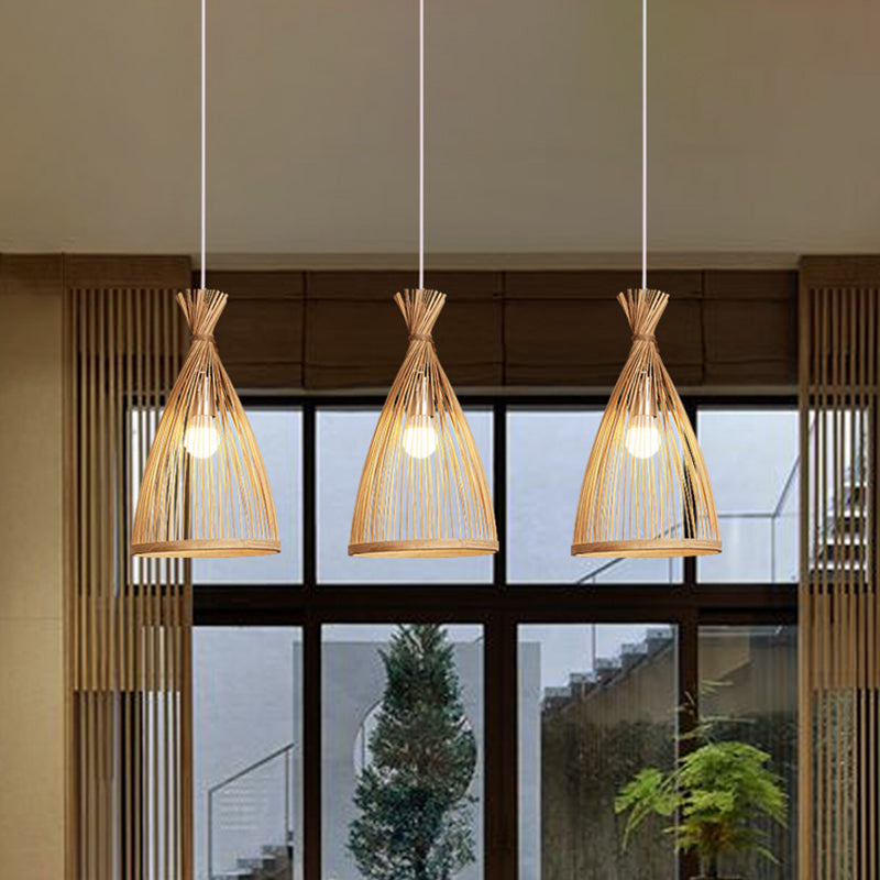 Wood Tapered Cage Pendant Lamp Japanese 1 Head Bamboo Suspended Lighting Fixture