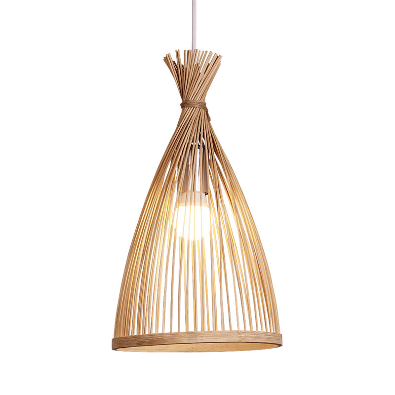 Wood Tapered Cage Pendant Lamp Japanese 1 Head Bamboo Suspended Lighting Fixture