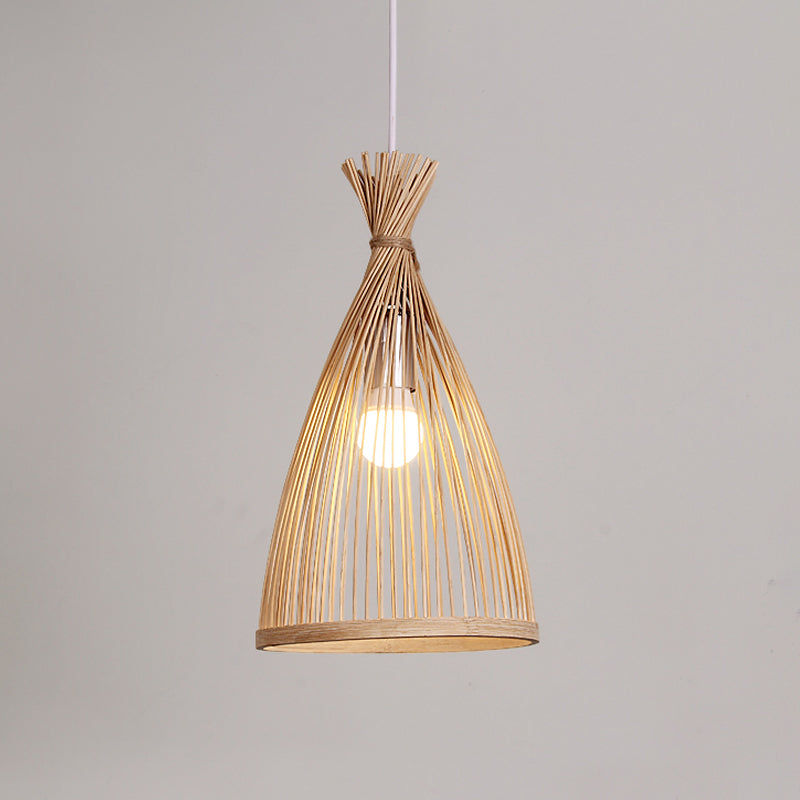 Wood Tapered Cage Pendant Lamp Japanese 1 Head Bamboo Suspended Lighting Fixture