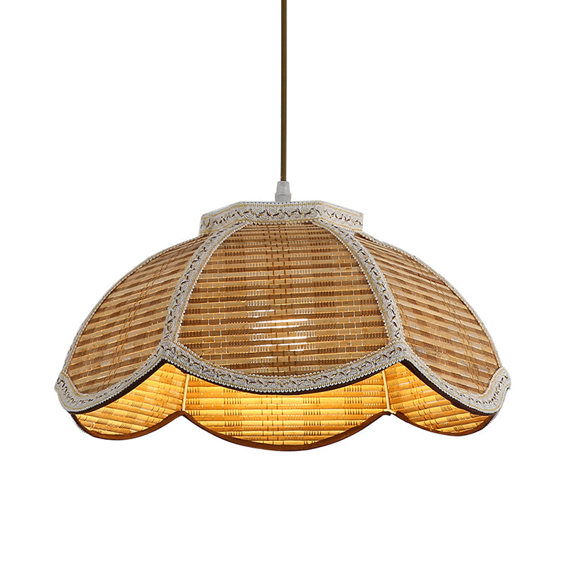 Hand Woven Scalloped Hanging Lamp Asian Bamboo 1 Bulb Restaurant Ceiling Pendant with Braided Trim