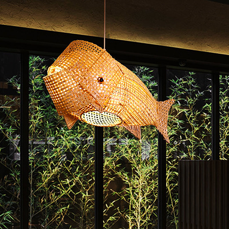 Carp Fish Restaurant Hanging Light Bamboo Woven 1-Light Chinese Ceiling Pendant in Beige