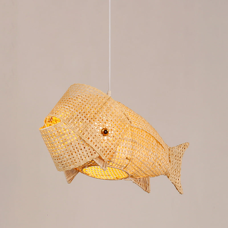 Carp Fish Restaurant Hanging Light Bamboo Woven 1-Light Chinese Ceiling Pendant in Beige