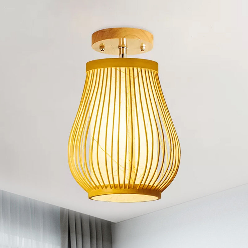 Asia 1 Head Ceiling Mounted Light Wood Pear/Globe Semi Flush Light Fixture with Bamboo Cage and Inner Cylindrical Shade