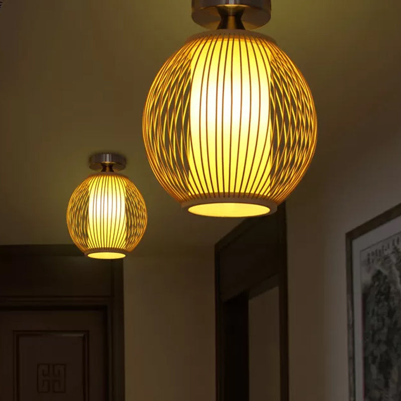 Asia 1 Head Ceiling Mounted Light Wood Pear/Globe Semi Flush Light Fixture with Bamboo Cage and Inner Cylindrical Shade