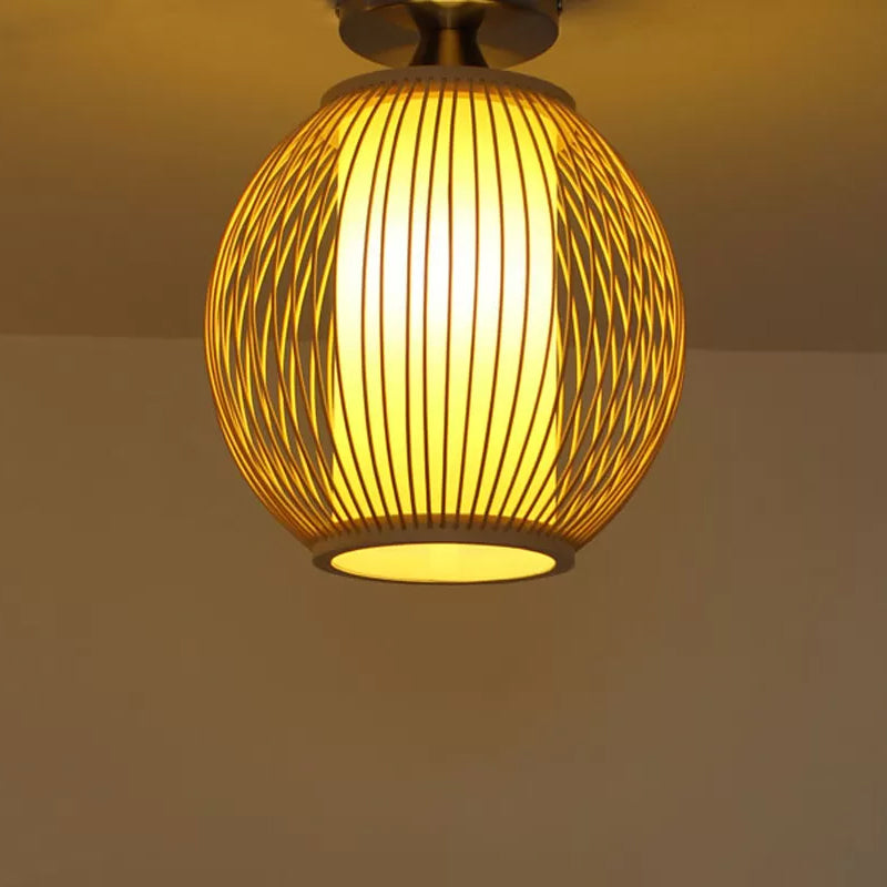 Asia 1 Head Ceiling Mounted Light Wood Pear/Globe Semi Flush Light Fixture with Bamboo Cage and Inner Cylindrical Shade