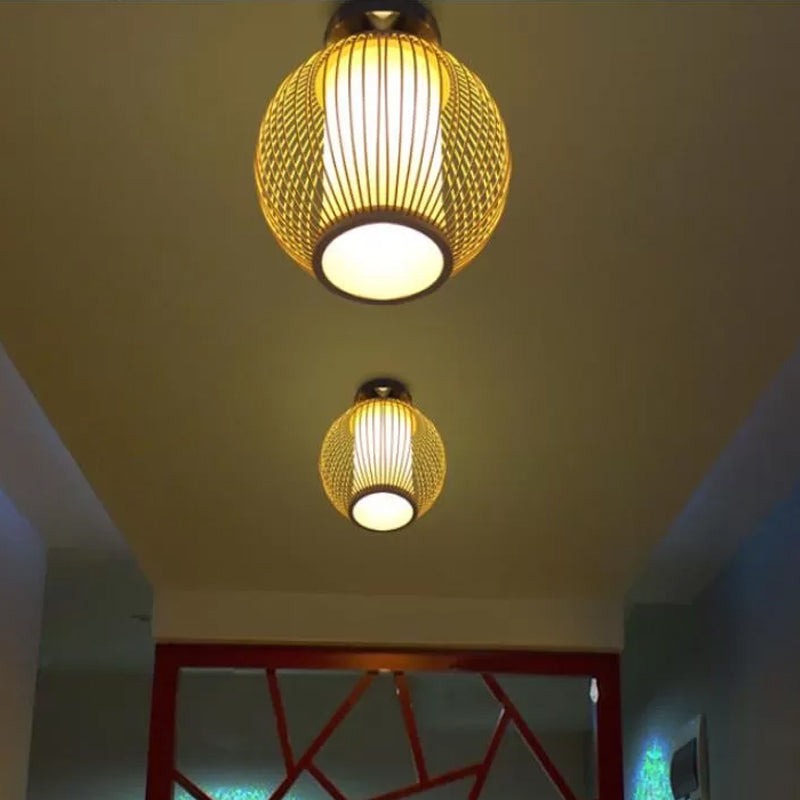 Asie 1 Plafond de tête Lumière montée en bois Poire / globe Semi-luminaire à luntin avec cage en bambou et nuance cylindrique intérieure