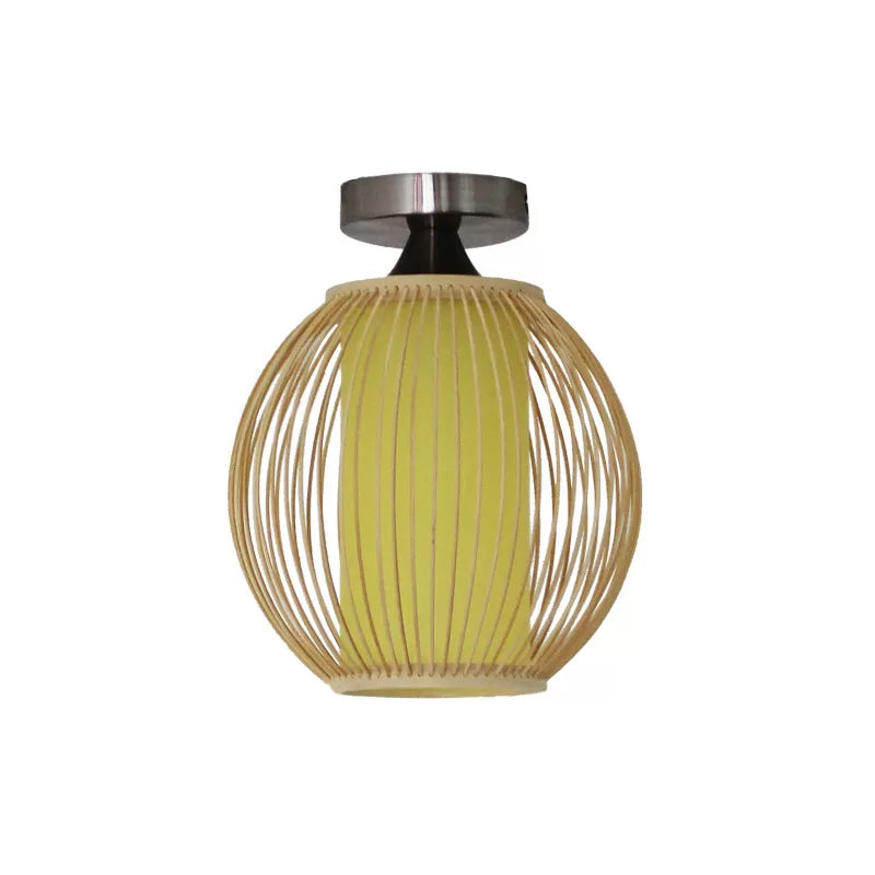 Asia 1 Head Ceiling Mounted Light Wood Pear/Globe Semi Flush Light Fixture with Bamboo Cage and Inner Cylindrical Shade