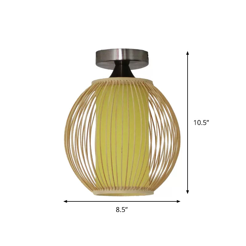 Asia 1 Head Ceiling Mounted Light Wood Pear/Globe Semi Flush Light Fixture with Bamboo Cage and Inner Cylindrical Shade