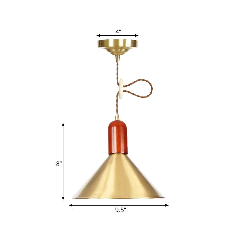 Gold Conical Pendant Ceiling Light Vintage Style 1 Light Living Room Extendable Hanging Lamp