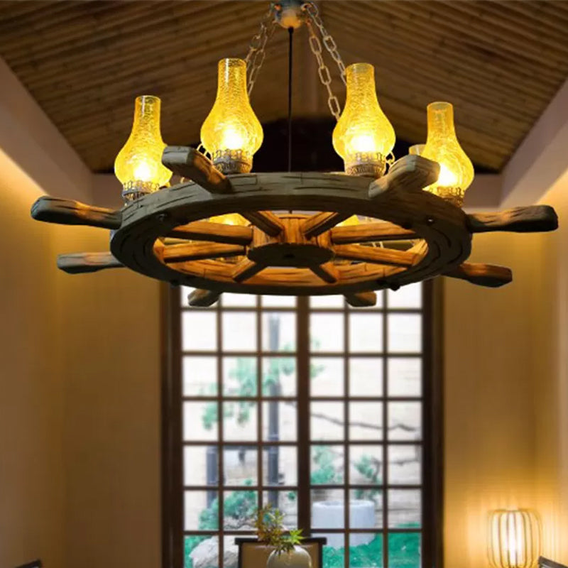 8 Lights Chandelier Lighting Coastal Corridor Wood Rudder Pendant Light Kit with Vase Yellow Crackle Glass Shade