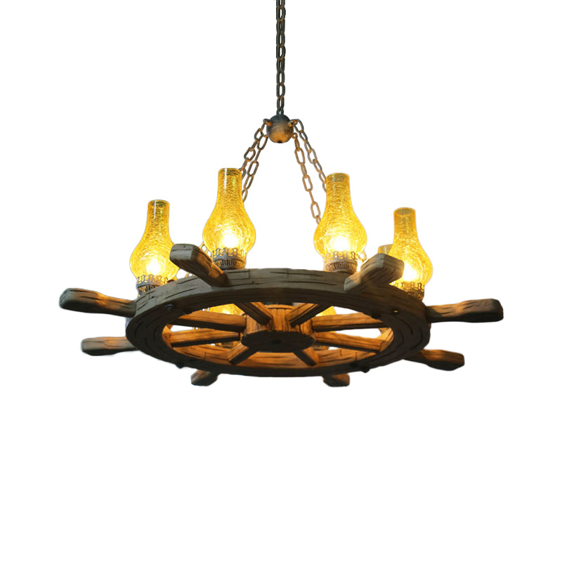 8 Lights Chandelier Lighting Coastal Corridor Wood Rudder Pendant Light Kit with Vase Yellow Crackle Glass Shade