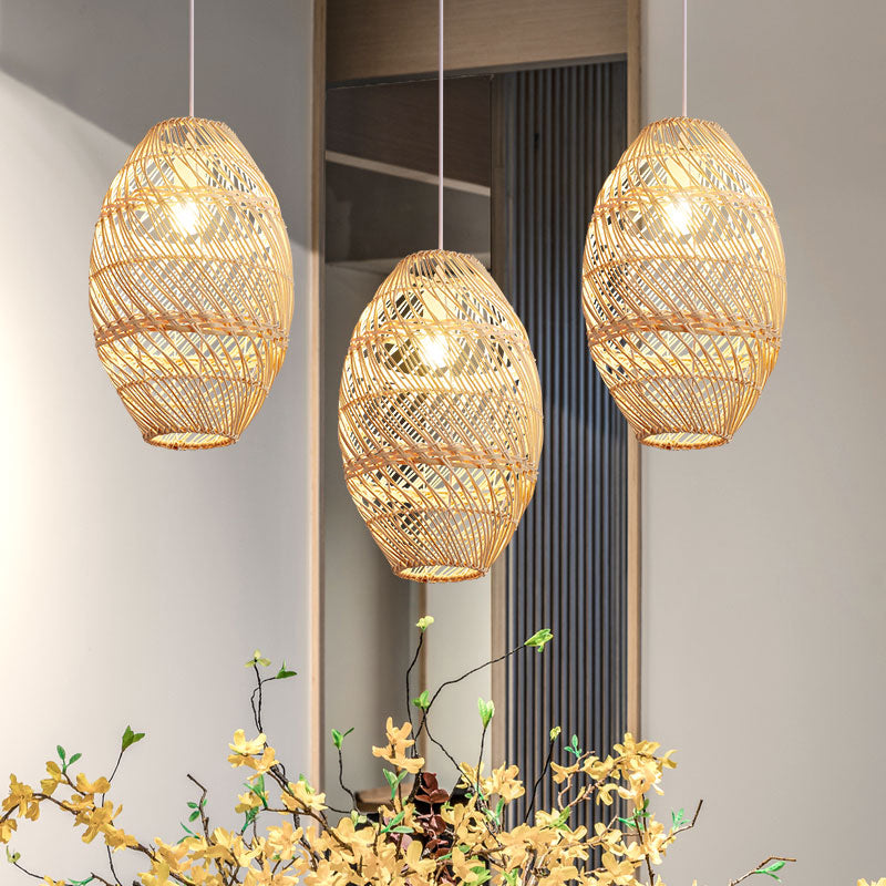 Bamboo Rattan Oval Hanging Lighting Asian 1 Light Wood Pendant Lamp Kit for Tea Room